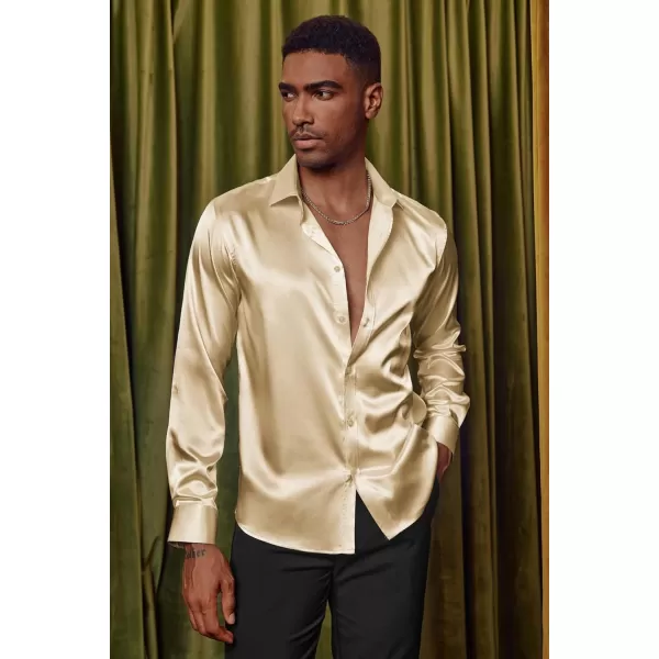 PJ PAUL JONES Men's Shiny Satin Dress Shirts Long Sleeve Button Down Silk Shirt with Bow Tie