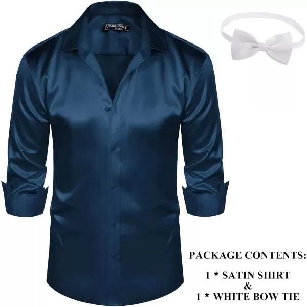 PJ PAUL JONES Men's Shiny Satin Dress Shirts Long Sleeve Button Down Silk Shirt with Bow Tie