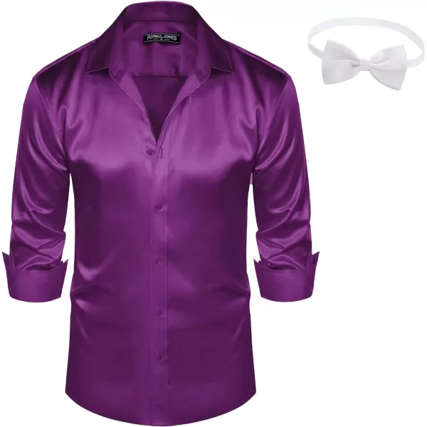 PJ PAUL JONES Men's Shiny Satin Dress Shirts Long Sleeve Button Down Silk Shirt with Bow Tie
