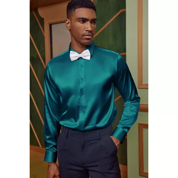 PJ PAUL JONES Men's Shiny Satin Dress Shirts Long Sleeve Button Down Silk Shirt with Bow Tie