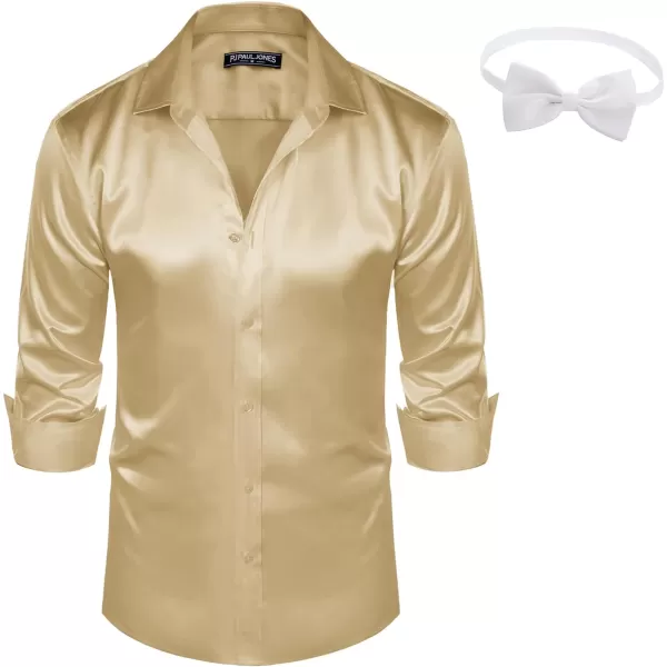 PJ PAUL JONES Men's Shiny Satin Dress Shirts Long Sleeve Button Down Silk Shirt with Bow Tie