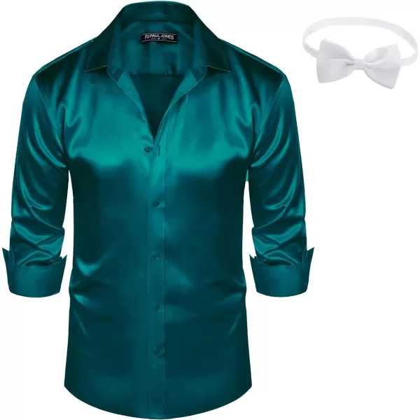 PJ PAUL JONES Men's Shiny Satin Dress Shirts Long Sleeve Button Down Silk Shirt with Bow Tie
