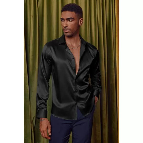 PJ PAUL JONES Men's Shiny Satin Dress Shirts Long Sleeve Button Down Silk Shirt with Bow Tie