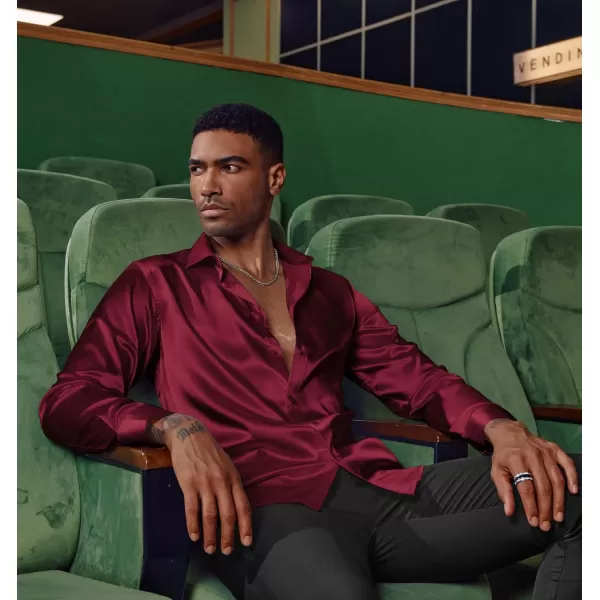 PJ PAUL JONES Men's Shiny Satin Dress Shirts Long Sleeve Button Down Silk Shirt with Bow Tie