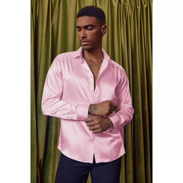 PJ PAUL JONES Men's Shiny Satin Dress Shirts Long Sleeve Button Down Silk Shirt with Bow Tie