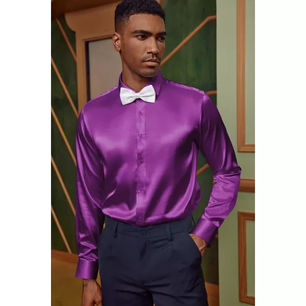 PJ PAUL JONES Men's Shiny Satin Dress Shirts Long Sleeve Button Down Silk Shirt with Bow Tie