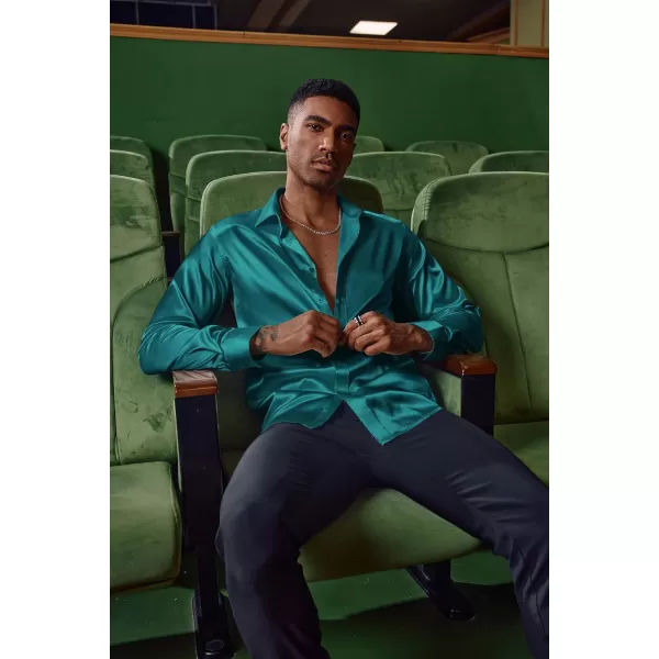 PJ PAUL JONES Men's Shiny Satin Dress Shirts Long Sleeve Button Down Silk Shirt with Bow Tie