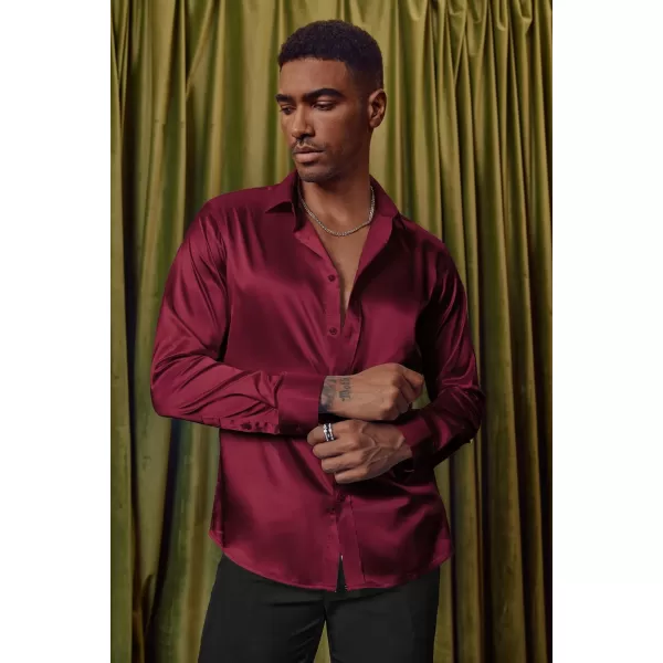 PJ PAUL JONES Men's Shiny Satin Dress Shirts Long Sleeve Button Down Silk Shirt with Bow Tie