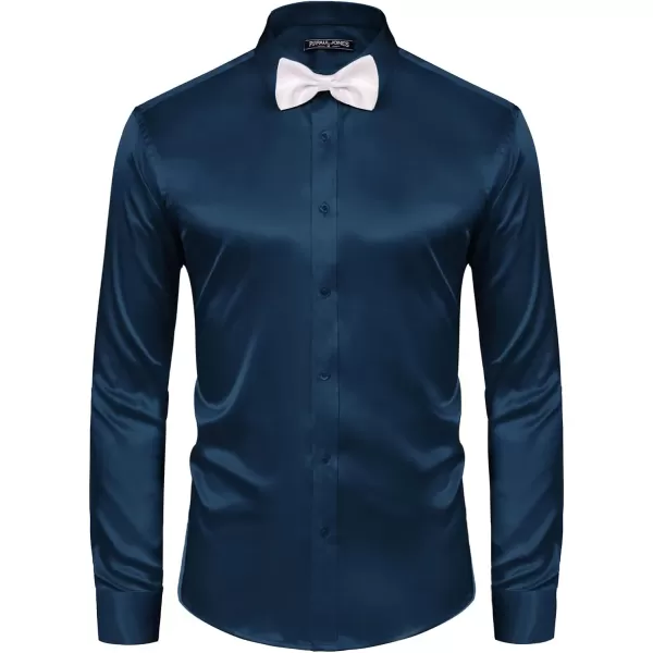 PJ PAUL JONES Men's Shiny Satin Dress Shirts Long Sleeve Button Down Silk Shirt with Bow Tie