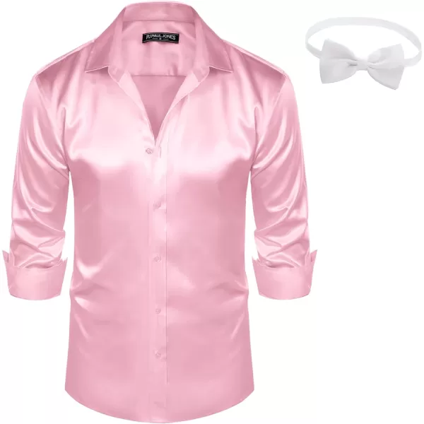 PJ PAUL JONES Men's Shiny Satin Dress Shirts Long Sleeve Button Down Silk Shirt with Bow Tie