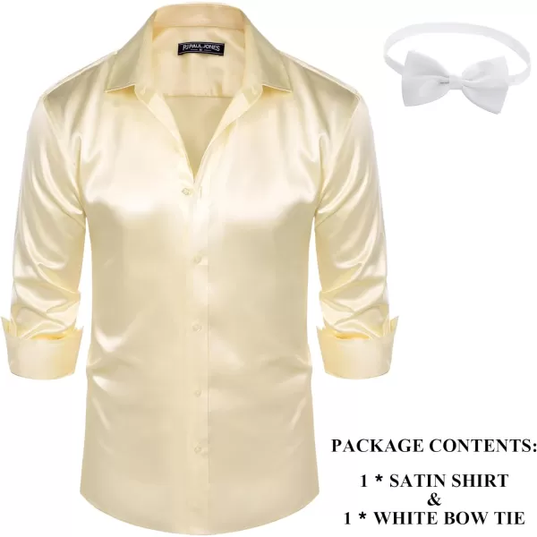 PJ PAUL JONES Men's Shiny Satin Dress Shirts Long Sleeve Button Down Silk Shirt with Bow Tie