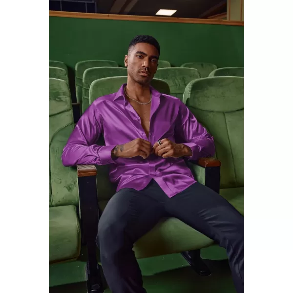 PJ PAUL JONES Men's Shiny Satin Dress Shirts Long Sleeve Button Down Silk Shirt with Bow Tie