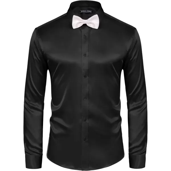 PJ PAUL JONES Men's Shiny Satin Dress Shirts Long Sleeve Button Down Silk Shirt with Bow Tie