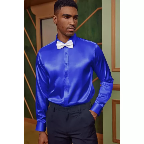 PJ PAUL JONES Men's Shiny Satin Dress Shirts Long Sleeve Button Down Silk Shirt with Bow Tie