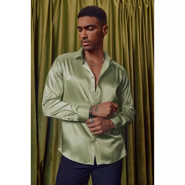 PJ PAUL JONES Men's Shiny Satin Dress Shirts Long Sleeve Button Down Silk Shirt with Bow Tie