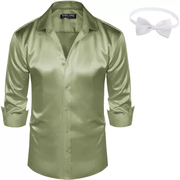 PJ PAUL JONES Men's Shiny Satin Dress Shirts Long Sleeve Button Down Silk Shirt with Bow Tie
