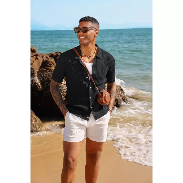 PJ PAUL JONES Mens Short Sleeve Knit Shirts Casual Button Down Polo Shirt Hollow Out Beach Shirt