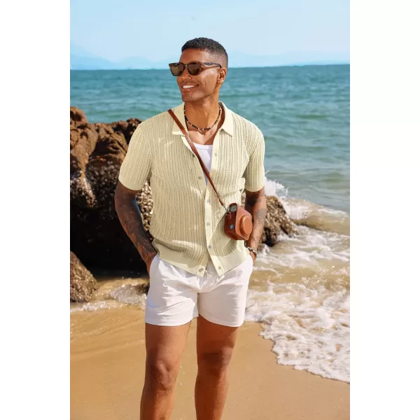 PJ PAUL JONES Mens Short Sleeve Knit Shirts Casual Button Down Polo Shirt Hollow Out Beach Shirt