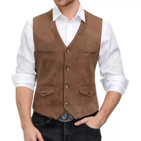 PJ PAUL JONES Men's Suede Leather Vest Casual V-Neck Single Breasted Slim Fit Western Cowboy Vest with Pockets