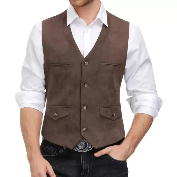 PJ PAUL JONES Men's Suede Leather Vest Casual V-Neck Single Breasted Slim Fit Western Cowboy Vest with Pockets
