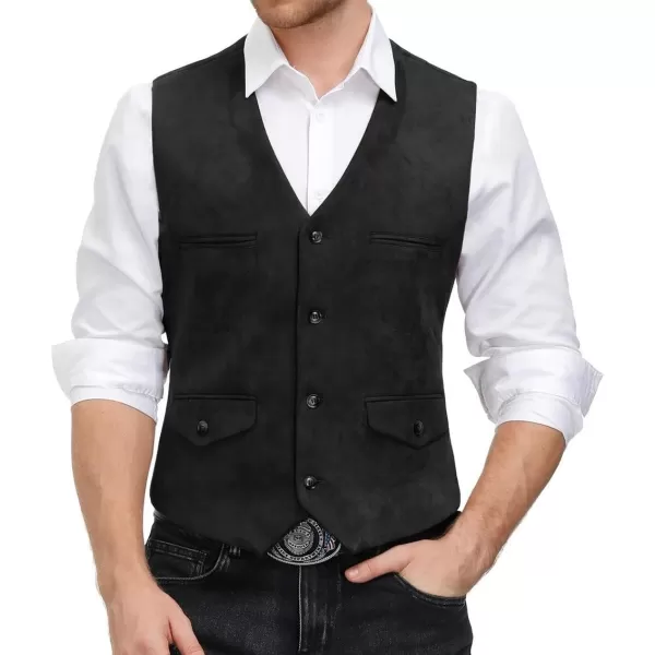 PJ PAUL JONES Men's Suede Leather Vest Casual V-Neck Single Breasted Slim Fit Western Cowboy Vest with Pockets
