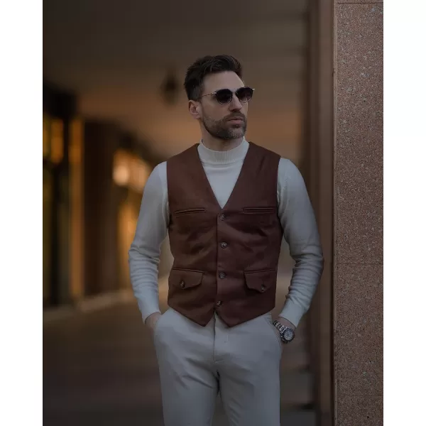 PJ PAUL JONES Men's Suede Leather Vest Casual V-Neck Single Breasted Slim Fit Western Cowboy Vest with Pockets