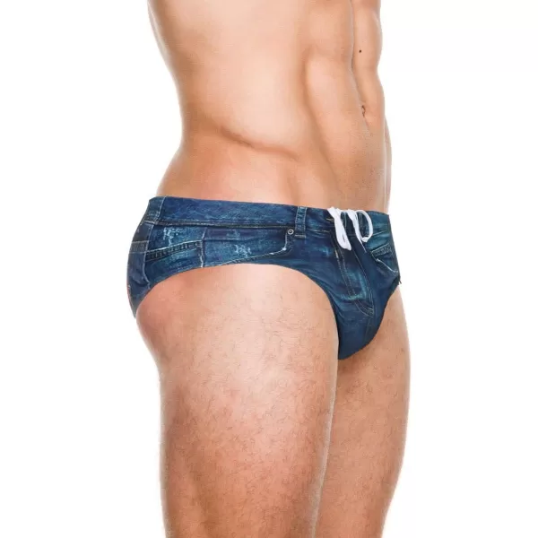 PJ PAUL JONES Men's Swim Brief Denim Print Swim Trunks Drawstring Waist Swimsuit Bikini Briefs