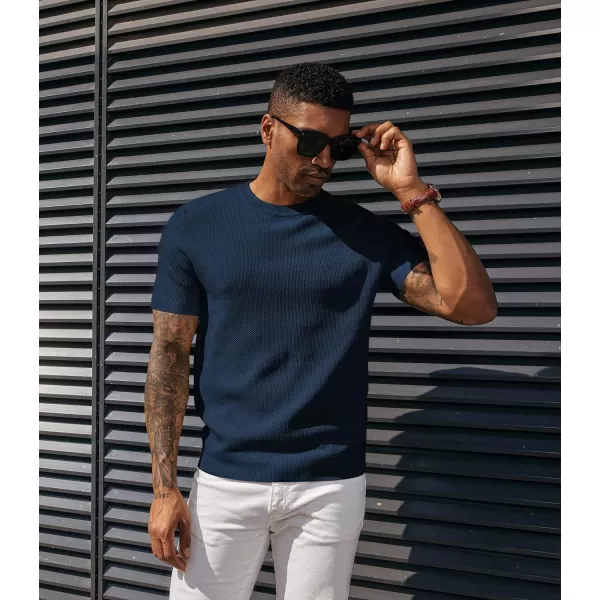 PJ PAUL JONES Men's T-Shirts Casual Knit Short Sleeve Crewneck Honeycomb Waffle Solid Knitted Pullover Tees
