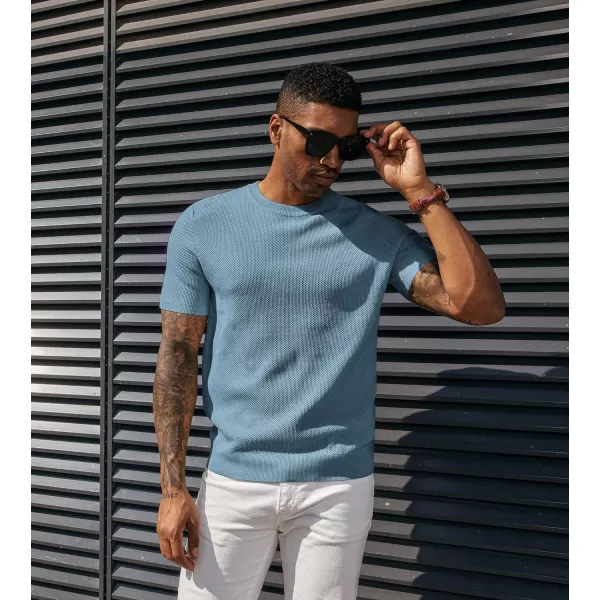 PJ PAUL JONES Men's T-Shirts Casual Knit Short Sleeve Crewneck Honeycomb Waffle Solid Knitted Pullover Tees