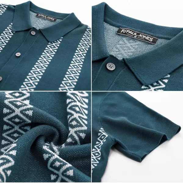 PJ PAUL JONES Men's Vintage Polo Shirt Geometric Patterns Stripe Knit Casual Button Down Shirts