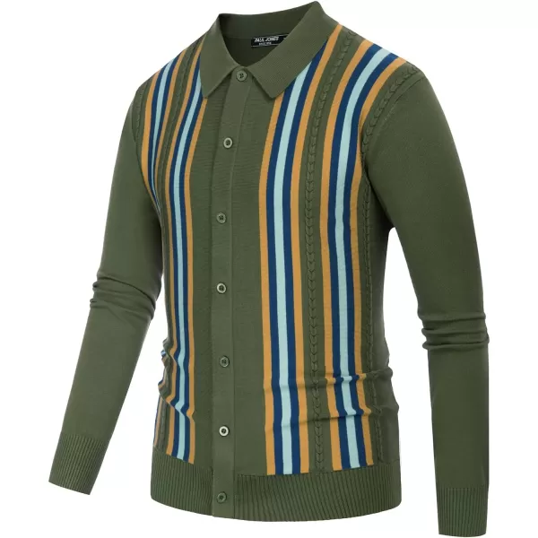 PJ PAUL JONES Mens Vintage Polo Shirt Striped Knit Long Sleeve Button Down Cardigan Sweater