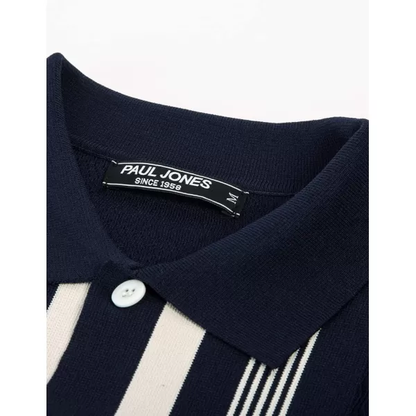 PJ PAUL JONES Men's Vintage Stripe Knit Polo Shirts Short Sleeve Stylish Button Down Cardigan Sweater