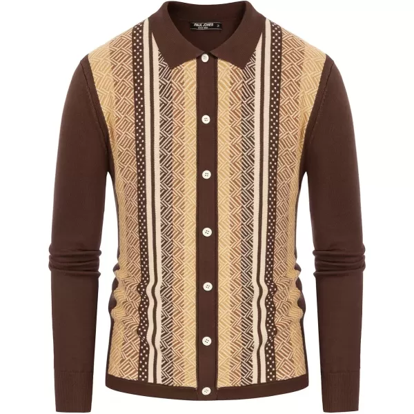 PJ PAUL JONES Men's Vintage Stripe Polo Shirt Casual Long Sleeve Button Knit Shirt