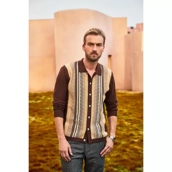PJ PAUL JONES Men's Vintage Stripe Polo Shirt Casual Long Sleeve Button Knit Shirt
