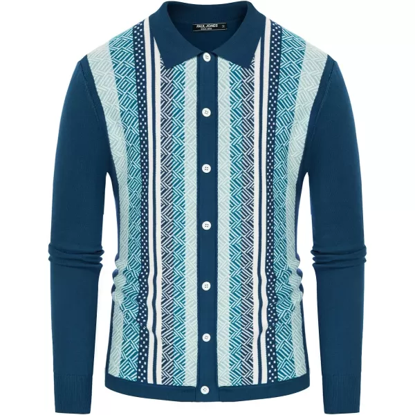 PJ PAUL JONES Men's Vintage Stripe Polo Shirt Casual Long Sleeve Button Knit Shirt