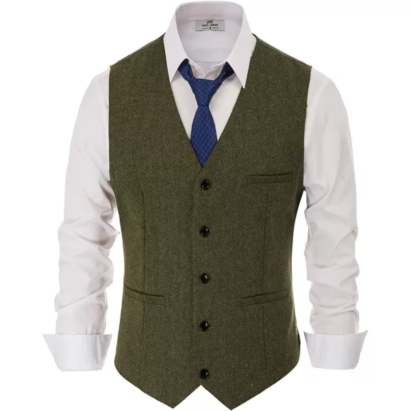 PJ PAUL JONES Men's Western Herringbone Tweed Suit Vest Wool Blend V Neck Slim Fit Waistcoat
