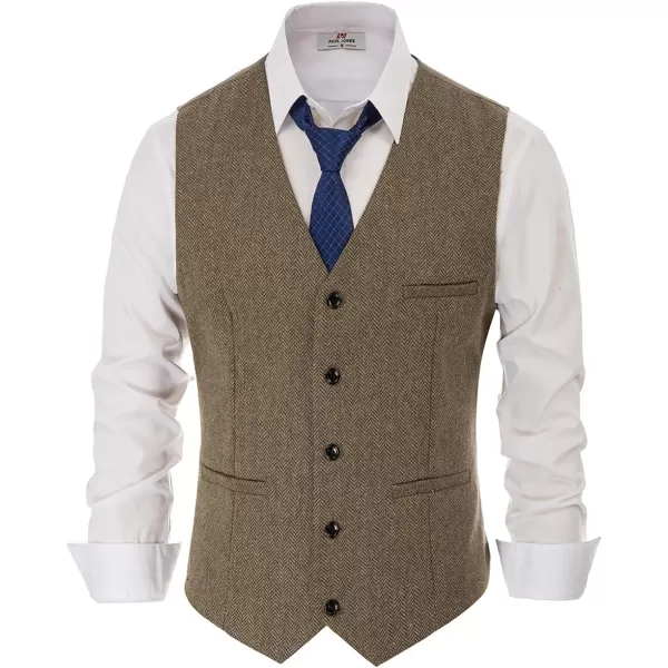 PJ PAUL JONES Men's Western Herringbone Tweed Suit Vest Wool Blend V Neck Slim Fit Waistcoat