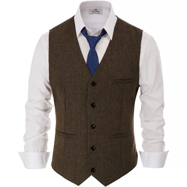 PJ PAUL JONES Men's Western Herringbone Tweed Suit Vest Wool Blend V Neck Slim Fit Waistcoat