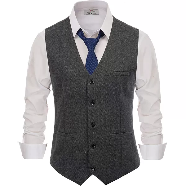 PJ PAUL JONES Men's Western Herringbone Tweed Suit Vest Wool Blend V Neck Slim Fit Waistcoat