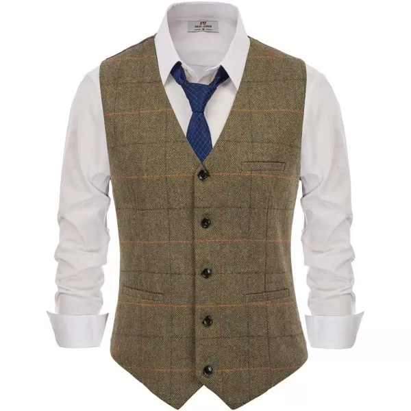 PJ PAUL JONES Men's Western Herringbone Tweed Suit Vest Wool Blend V Neck Slim Fit Waistcoat