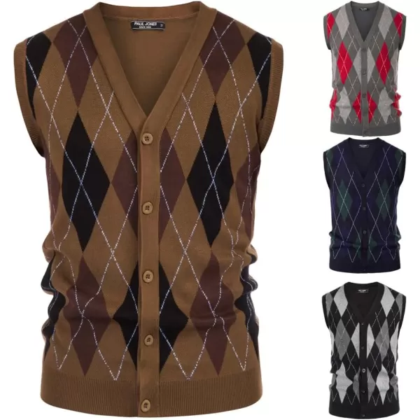 PJ Paul Jones Men's Sweater Vest Cardigan Button Front Knitwear Contrast Color Argyle Sweater Vest