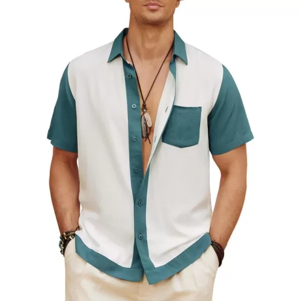 Men Contrast 70s Vintage Bowling Shirt Short Sleeve Button Down Summer Shirt