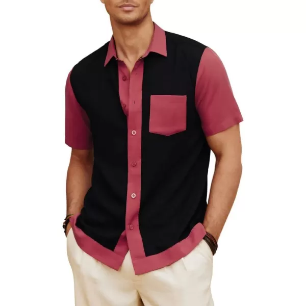 Men Contrast 70s Vintage Bowling Shirt Short Sleeve Button Down Summer Shirt