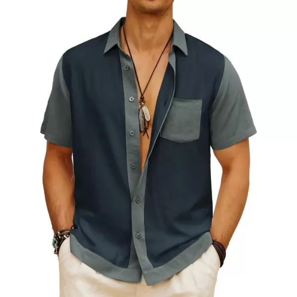 Men Contrast 70s Vintage Bowling Shirt Short Sleeve Button Down Summer Shirt