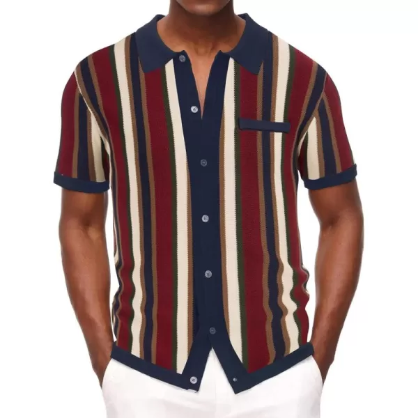 Men’s Short Sleeve Knit Shirt Vintage Stripe Lapel Collar Polo Shirt