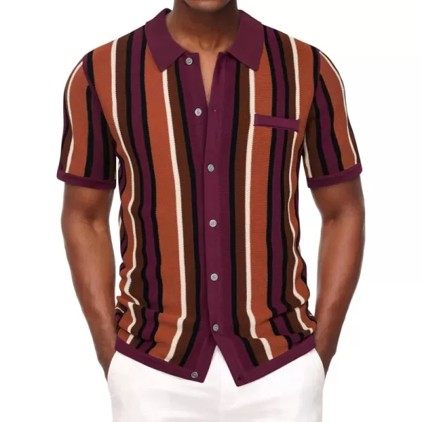 Men’s Short Sleeve Knit Shirt Vintage Stripe Lapel Collar Polo Shirt