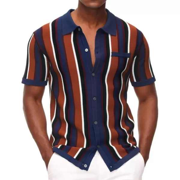 Men’s Short Sleeve Knit Shirt Vintage Stripe Lapel Collar Polo Shirt