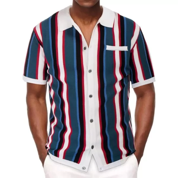 Men’s Short Sleeve Knit Shirt Vintage Stripe Lapel Collar Polo Shirt