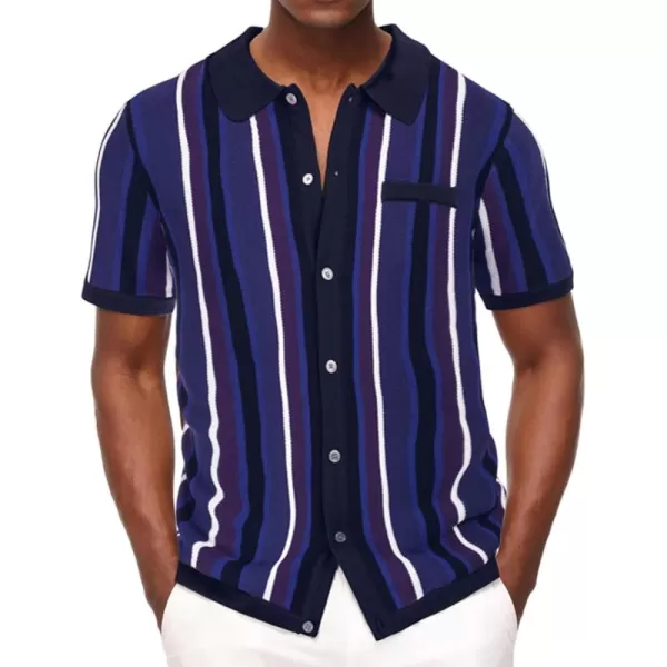 Men’s Short Sleeve Knit Shirt Vintage Stripe Lapel Collar Polo Shirt
