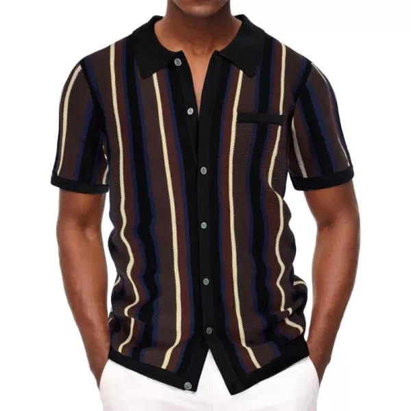 Men’s Short Sleeve Knit Shirt Vintage Stripe Lapel Collar Polo Shirt
